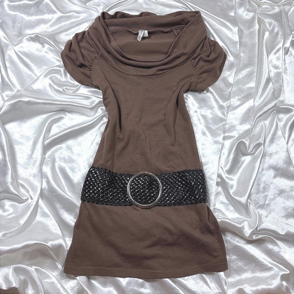 y2k Tunic Brown Excellent Discreet Cowl Neck Woven Belted Puff Sleeve Top M